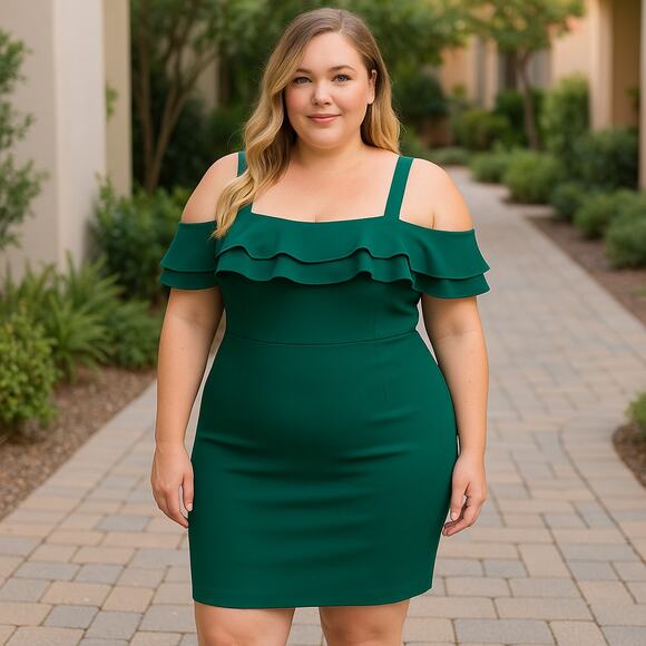Off Shoulder Dress Green Ruffle - Picture 1 of 7